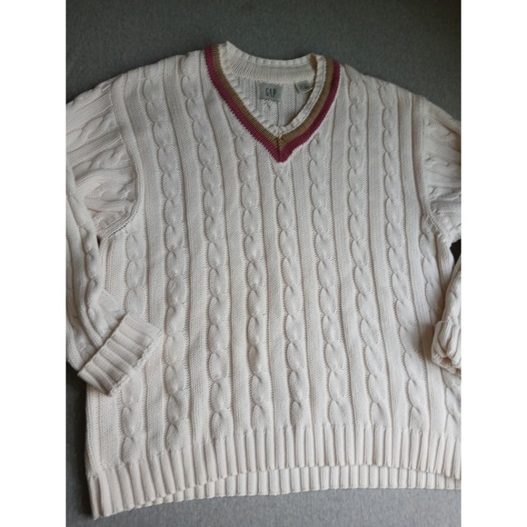 Vintage Gap Sweater Large Tennis Prep Cable Knit V Neck Preppy Wimbleton 90s - Picture 2 of 15